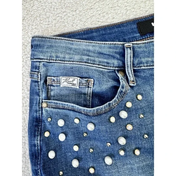KARL LAGERFELD PARIS High Rise Embellished Skinny Jeans Coastal Blue Wash 16 New